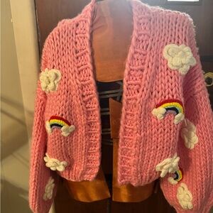 Pink Knit Cardigan with Rainbow and Cloud Design